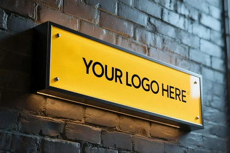 Yellow rectangular storefront sign mockup mounted on brick wall. Perfect for business branding, logo presentation, retail identity, advertising, and commercial design showcase with realistic style.の素材