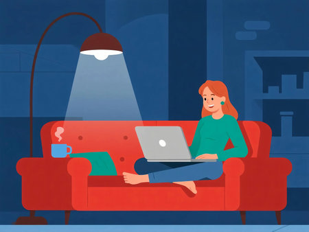 Illustration of a woman sitting on a red sofa at night, working on her laptop under a lamp with coffee nearby. Cozy home atmosphere, remote work, freelance lifestyle, flat design concept.の素材