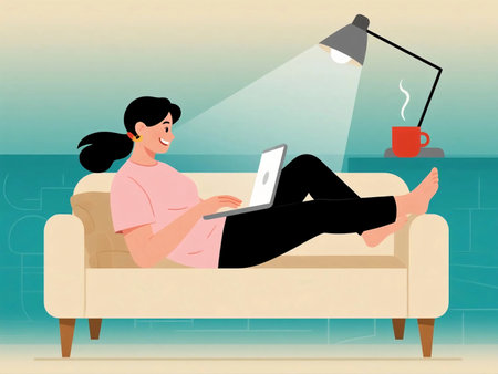 illustration of a woman sitting on a red sofa at night, working on her laptop under a lamp with coffee nearby. Cozy home atmosphere, remote work, freelance lifestyle, flat design concept.の素材