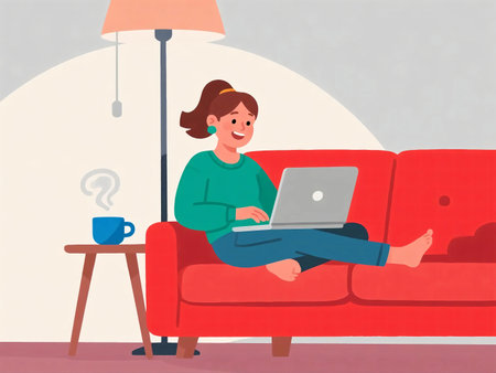 illustration of a woman sitting on a red sofa at night, working on her laptop under a lamp with coffee nearby. Cozy home atmosphere, remote work, freelance lifestyle, flat design concept.の素材