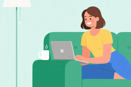 illustration of a woman sitting on a red sofa at night, working on her laptop under a lamp with coffee nearby. Cozy home atmosphere, remote work, freelance lifestyle, flat design concept.の素材