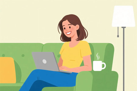 illustration of a woman sitting on a red sofa at night, working on her laptop under a lamp with coffee nearby. Cozy home atmosphere, remote work, freelance lifestyle, flat design concept.の素材