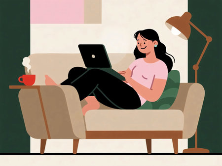 illustration of a woman sitting on a red sofa at night, working on her laptop under a lamp with coffee nearby. Cozy home atmosphere, remote work, freelance lifestyle, flat design concept.の素材