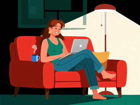 illustration of a woman sitting on a red sofa at night, working on her laptop under a lamp with coffee nearby. Cozy home atmosphere, remote work, freelance lifestyle, flat design concept.の素材