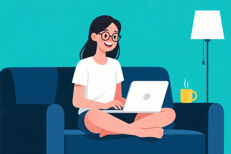 illustration of a woman sitting on a red sofa at night, working on her laptop under a lamp with coffee nearby. Cozy home atmosphere, remote work, freelance lifestyle, flat design concept.の素材