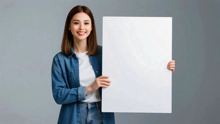 Portrait of a smiling young woman holding a blank white board against gray background. Perfect mockup for advertising, presentation, business, education, promotional, copy space. your logo hereの素材