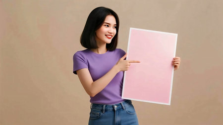 Young Asian woman smiling while pointing at empty pink poster board, perfect for mockups, advertising, promotions, or design templates on isolated beige background. your logo hereの素材