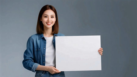Portrait of a smiling young woman holding a blank white board against gray background. Perfect mockup for advertising, presentation, business, education, promotional, copy space. your logo hereの素材