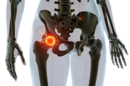 Human skeleton highlighting hip joint pain in a medical visualization showing inflammation and discomfort, emphasizing the importance of healthcare and treatment.の素材
