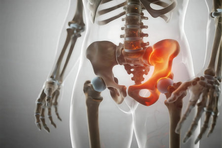 Human skeleton showing hip joint pain, highlighting potential arthritis or injury in a medical visualization, emphasizing anatomical detail and health concerns.の素材
