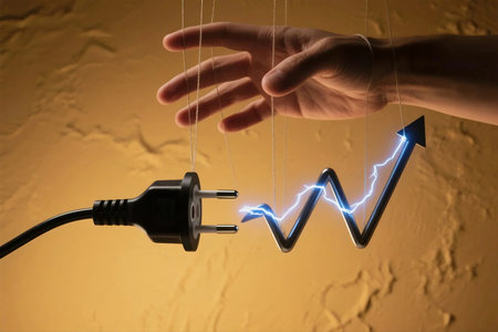 Hand manipulates electrical plug and rising graph with strings, symbolizing control over energy costs and market trends in a modern economy.の素材
