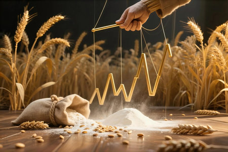 Hand manipulates rising graph over flour and wheat, symbolizing increasing food prices and economic challenges in agriculture, creating a somber and concerning atmosphere.の素材