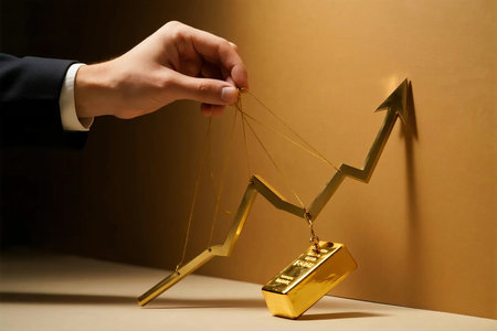 Hand manipulates golden arrow pointing upwards with a gold bar attached, symbolizing financial growth and market manipulation in a controlled environment.の素材