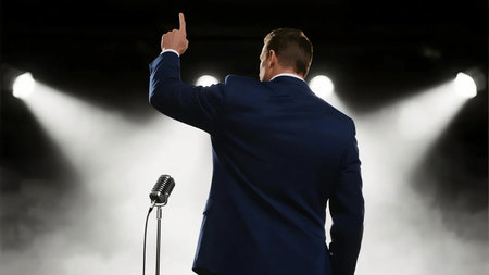 Man in suit giving speech on stage with microphone under bright spotlights, raising his finger in a confident and persuasive manner.の素材