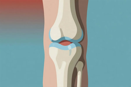 Inflamed knee joint causing pain and discomfort, displayed against a blue backdrop, highlighting the need for medical attention and care.の素材