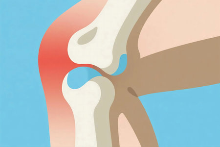 Inflamed knee joint causing pain and discomfort, displayed against a blue backdrop, highlighting the need for medical attention and care.の素材