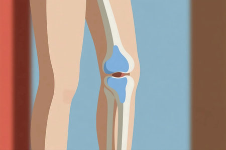 Inflamed knee joint causing pain and discomfort, displayed against a blue backdrop, highlighting the need for medical attention and care.の素材