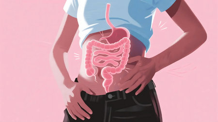 Man experiencing abdominal pain with digital overlay of digestive system highlighting the discomfort, symbolizing health issues and medical concerns.の素材