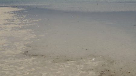 Sand stretches into the calm ocean water on a sunny tropical day, creating a peaceful and serene...