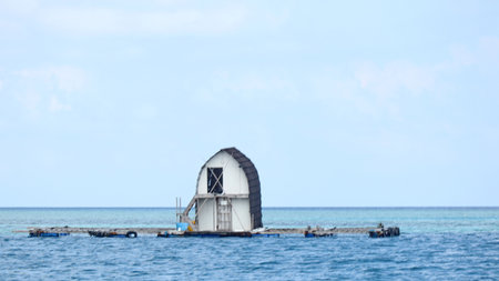 Unique floating house sits on the turquoise ocean under a clear blue sky, creating a serene and isolated vacation getaway in the tropics.の写真素材