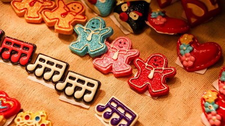 Colorful collection of handmade clay charms displayed on a beige surface, showcasing miniature figures and shapes with intricate details, creating a whimsical and playful atmosphere.の写真素材