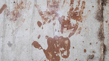 Handprint stained with mud remains on weathered wall, creating an abstract pattern with earthy tones and a sense of rustic texture.の写真素材