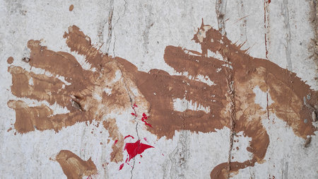 Handprint stained with mud remains on weathered wall, creating an abstract pattern with earthy tones and a sense of rustic texture.の写真素材