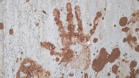 Handprint stained with mud remains on weathered wall, creating an abstract pattern with earthy tones and a sense of rustic texture.の写真素材