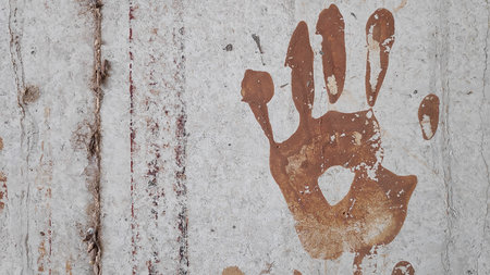 Handprint stained with mud remains on weathered wall, creating an abstract pattern with earthy tones and a sense of rustic texture.の写真素材