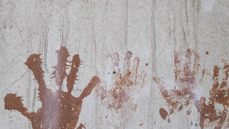 Handprint stained with mud remains on weathered wall, creating an abstract pattern with earthy tones and a sense of rustic texture.の写真素材