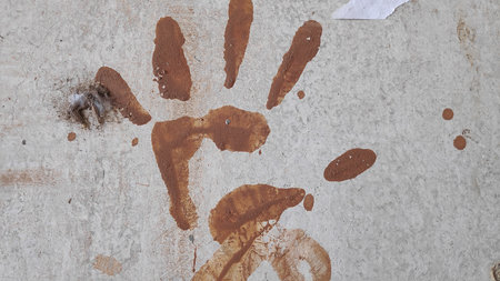 Handprint stained with mud remains on weathered surface, creating an abstract pattern with earthy tones and a sense of rustic texture.の写真素材