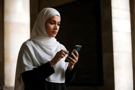 Elegant muslim woman in hijab uses smartphone inside mosque with serene expression, showcasing modern faith and technology integration.の素材
