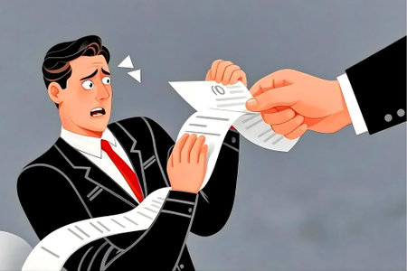 Anxious businessman receives termination letter at his desk in office, feeling stressed and worried about his job security in a modern setting.の素材