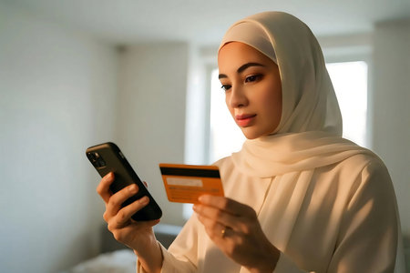 Elegant muslim woman in hijab uses smartphone inside mosque with serene expression, showcasing modern faith and technology integration.の素材