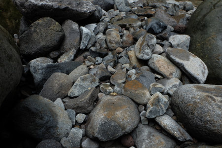 Pile of smooth rocks and pebbles fills riverbed in a natural environment, showcasing texture and geological formations in a peaceful scene.の写真素材