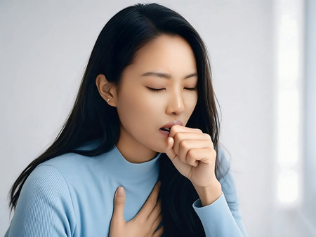 Young asian woman coughing while holding chest in indoor setting, feeling unwell and seeking relief from sickness.の素材