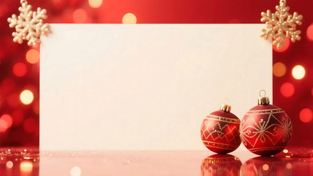 Shiny red and gold Christmas ornaments and balls with candle decorations on a festive holiday background for a merry winter celebrationの素材