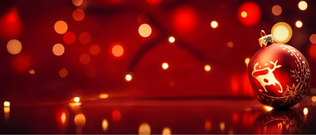 Bright red Christmas candles on a table create a holiday decoration with golden light, shiny bokeh, and a festive backdrop for a celebration cardの素材