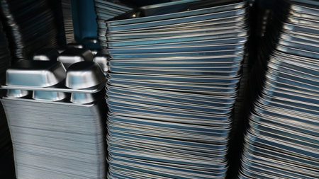 Close up view of multiple stacks of shiny silver metal trays and containers, likely for industrial...