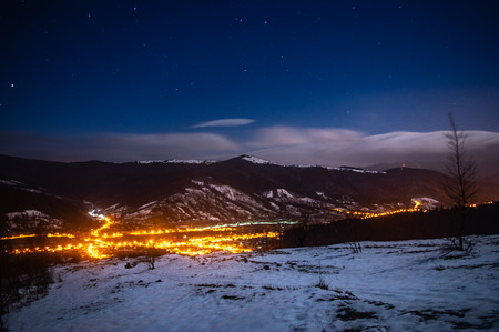 Night in a mountain town in the Carpathiansの写真素材