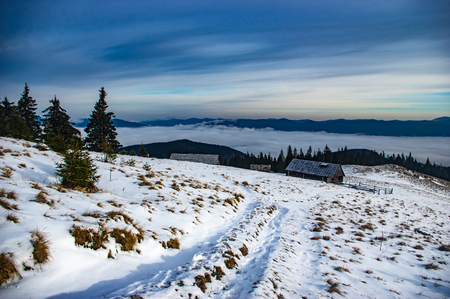 Mountain houses in the winter in the Carpathiansの写真素材