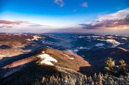 Town in the winter Carpathians in the morningの写真素材