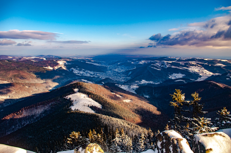 Town in the winter Carpathians in the morningの写真素材