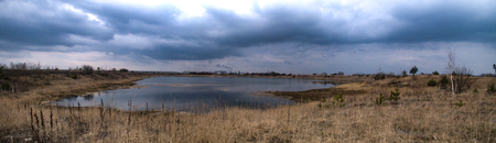 Lake with toxic waste from a chemical plant in Ukraineの写真素材