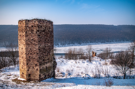 Tower of the old castle on the banks of the Dniesterの写真素材