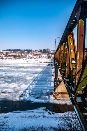Bridge over the Dniester River in winterの写真素材
