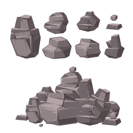 Cartoon 3d rock, granite stones, stack of boulders vector set, architecture elements for landscaping designのイラスト素材