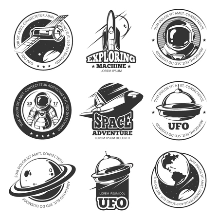 Retro space, astronaut, astronomy, spaceship shuttle vector labels, logos, badges, emblemsのイラスト素材