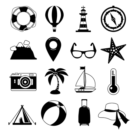 Summer time. Vector Black icon set. Sunrise, sea and vacation tour. Monochrome leisure illustrationsのイラスト素材
