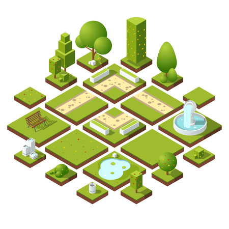 Isometric urban elements and garden decoration. Benches, fountain trees and bushes. Vector illustration setのイラスト素材